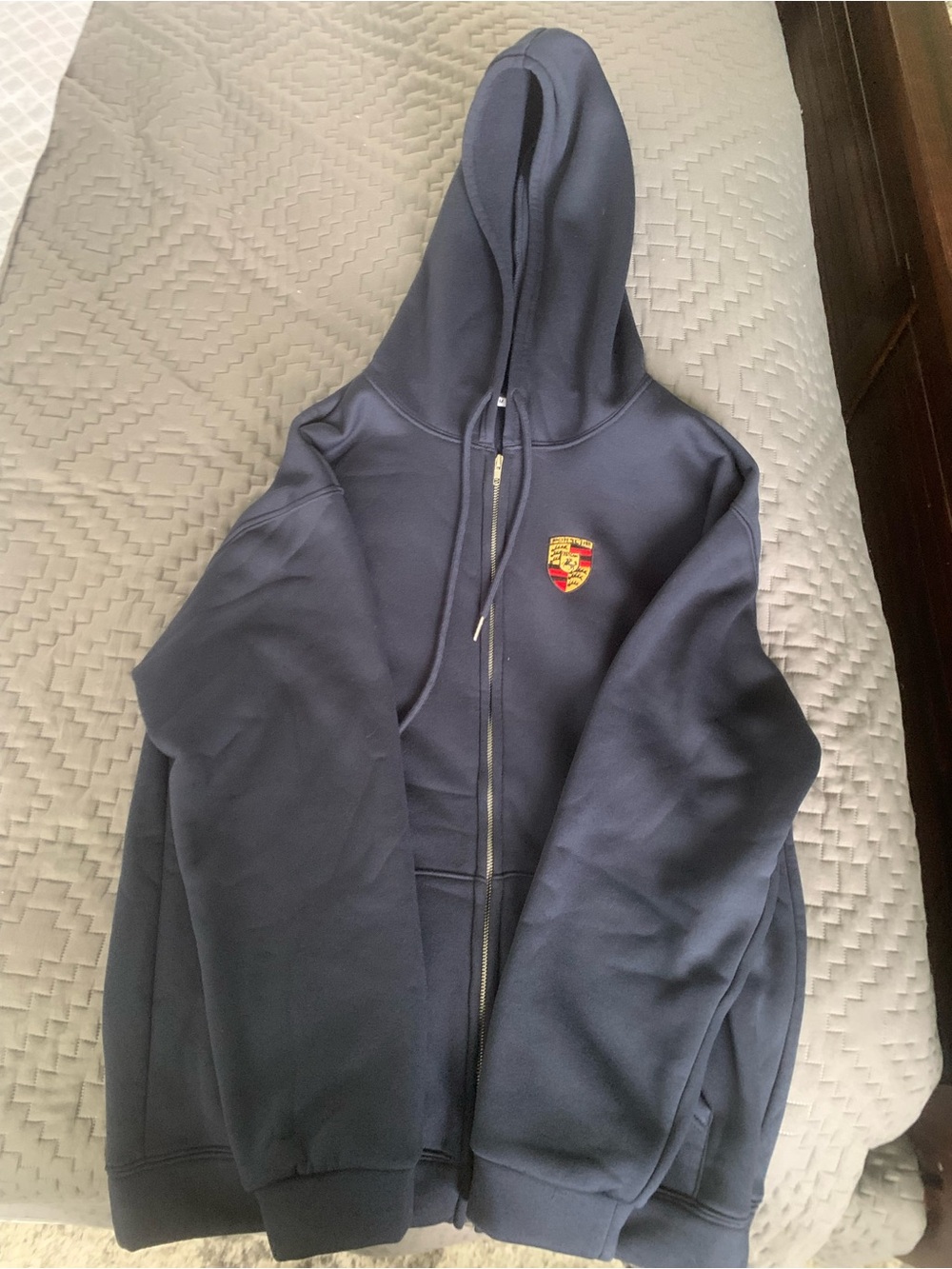 Cotton NWOT Navy Zip-Up Hoodie with Porsche Crest and back logo